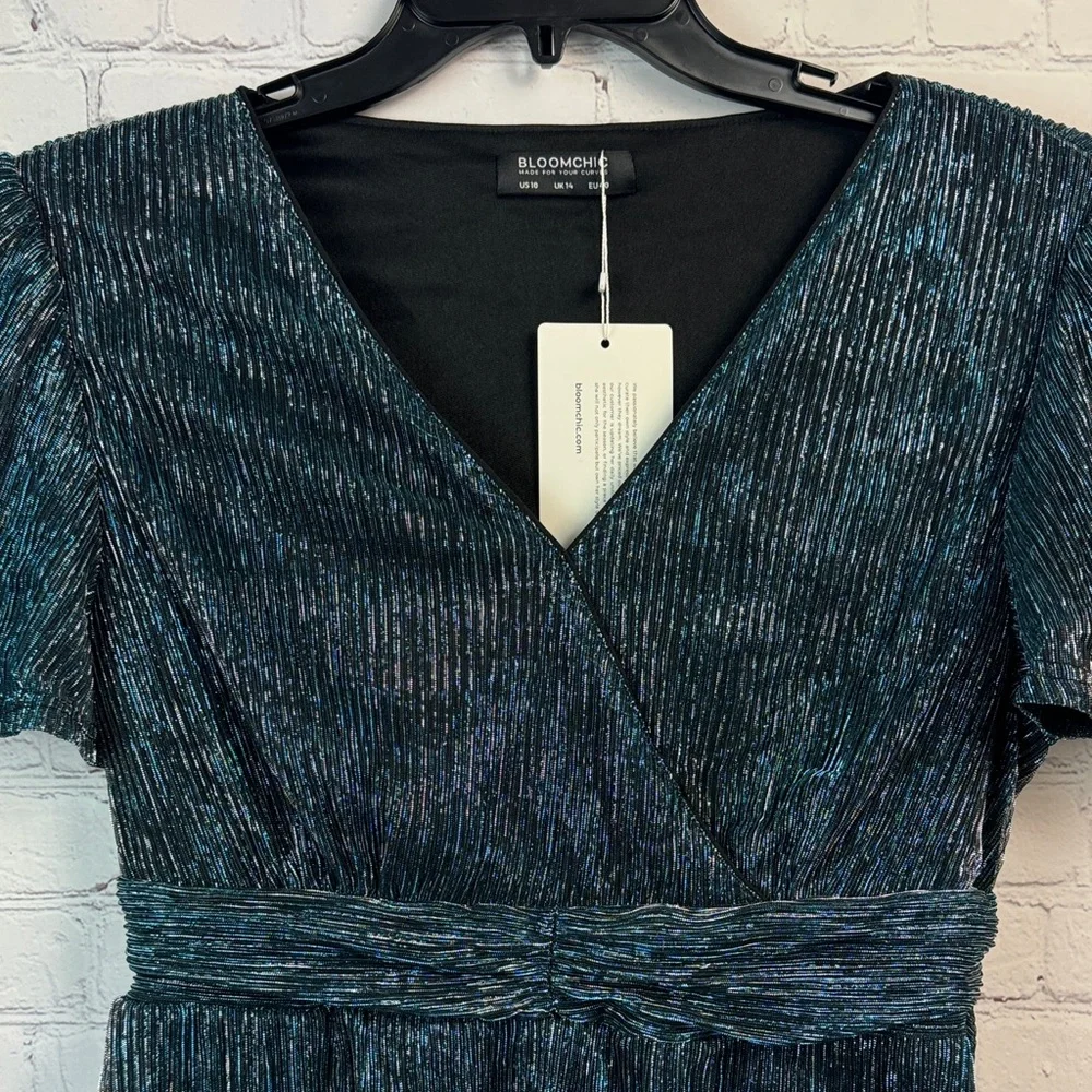 BloomChic Shimmering Teal and Black Midi Dress Size Medium 10 - Picture 4 of 7